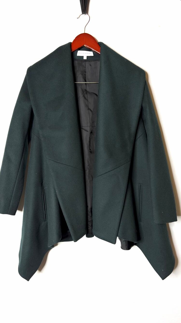 Nellie Partow Wool Open Coat Forest Green Asymmetric Draped Cape Sz 0